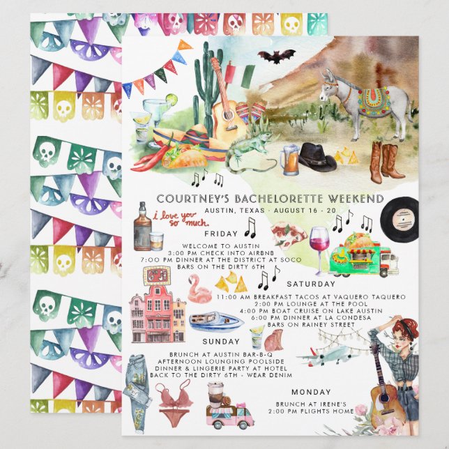 Bachelorette Itinerary | Austin, Texas Fiesta Einladung (Vorne/Hinten)