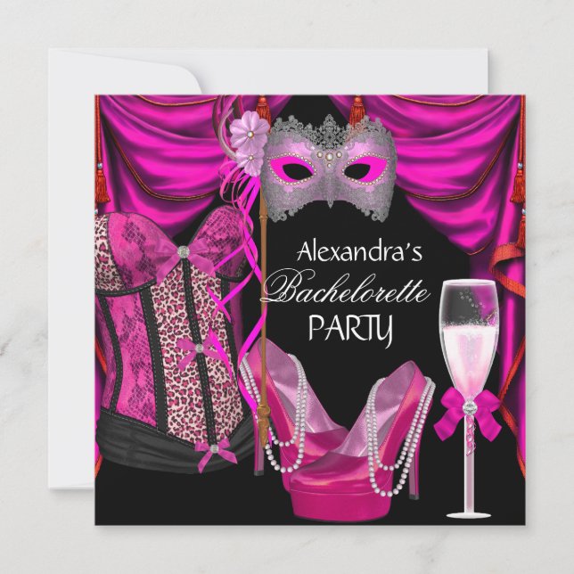 Bachelorette Leopard Pink Masquerade Champagne Einladung (Vorderseite)
