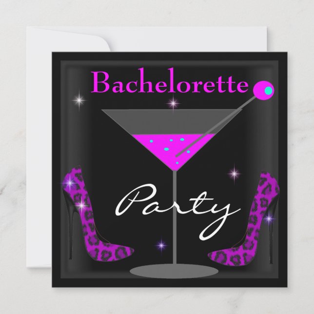 Bachelorette Lila Pink Black Martini Schuhe Einladung (Vorderseite)