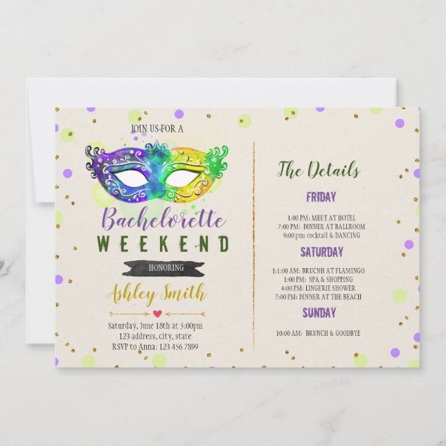 Bachelorette Mardi gras Invitation Itinéraire (Devant)