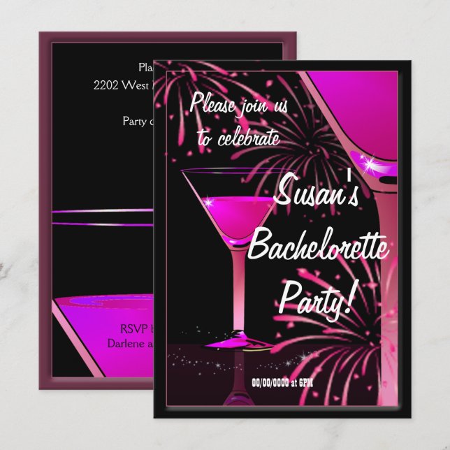 Bachelorette Martini Cocktail Pink Party Einladung (Vorne/Hinten)