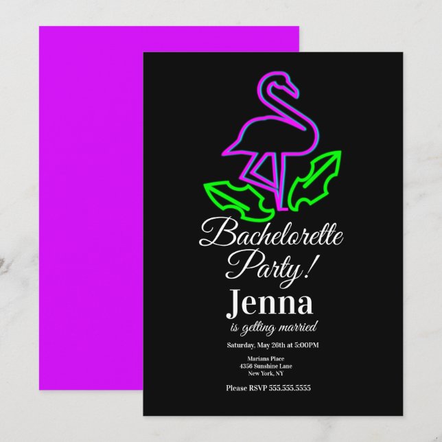 Bachelorette Neon Flamingo Tropisches Brautparty Einladung (Vorne/Hinten)