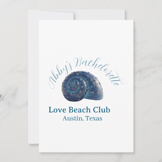 Bachelorette party beach club blue sea shell name  einladung (Vorderseite)