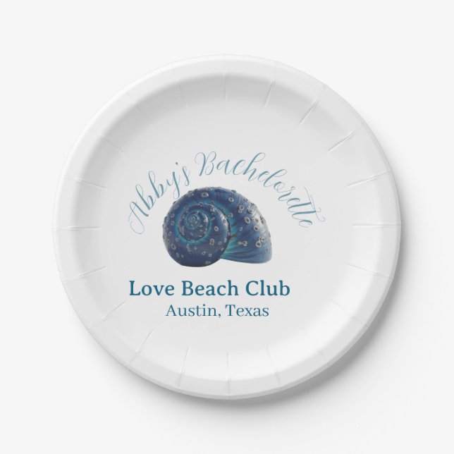 Bachelorette party beach club blue sea shell name  pappteller (Vorderseite)