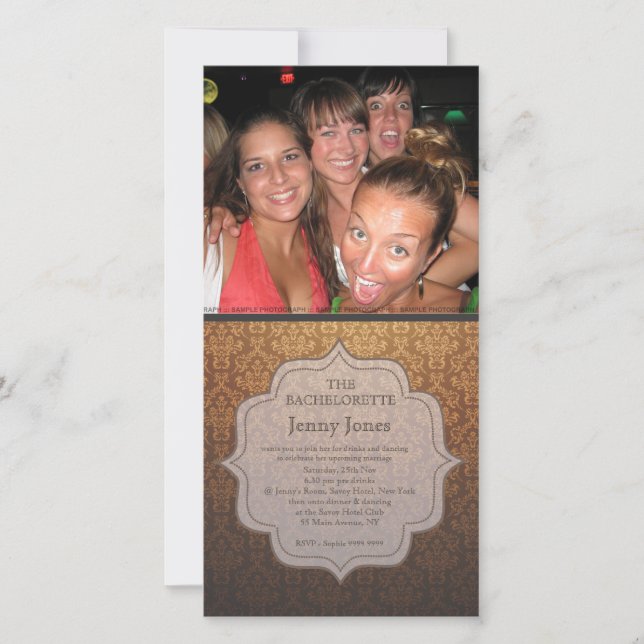 Bachelorette Party Caramel Damask Photo Invitation (Devant)