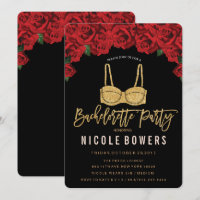 Bachelorette Party Gold Bra Red Roses Invitation