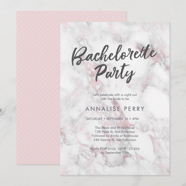 Bachelorette Party Invitation en marbre rose (Devant / Derrière)