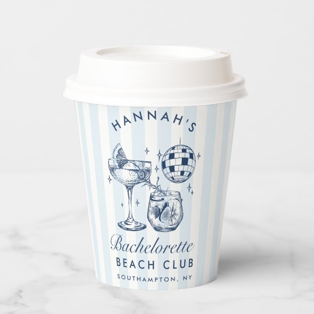 Bachelorette Retro Modern Blue & Gran Streifen Pappbecher (Vorderseite)