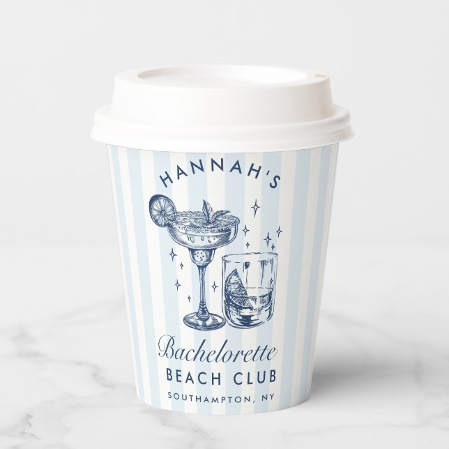 Bachelorette Retro Modern Blue & Gran Streifen Pappbecher (Vorderseite)