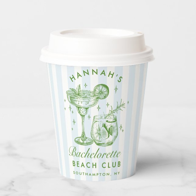 Bachelorette Retro Moderne blaue und grüne Streife Pappbecher (Vorderseite)