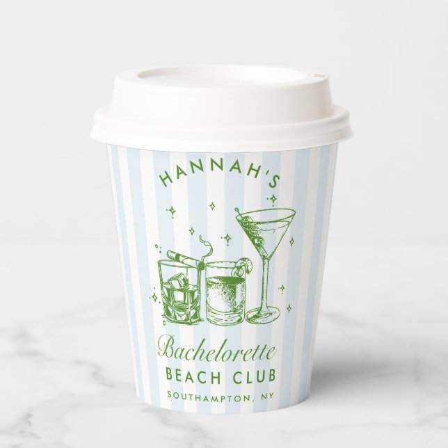 Bachelorette Retro Moderne blaue und grüne Streife Pappbecher (Vorderseite)