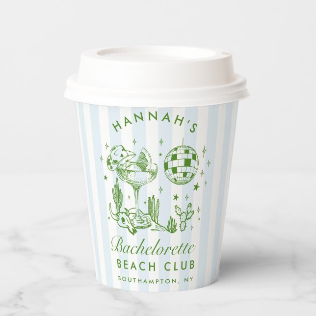 Bachelorette Retro Moderne blaue und grüne Streife Pappbecher (Vorderseite)