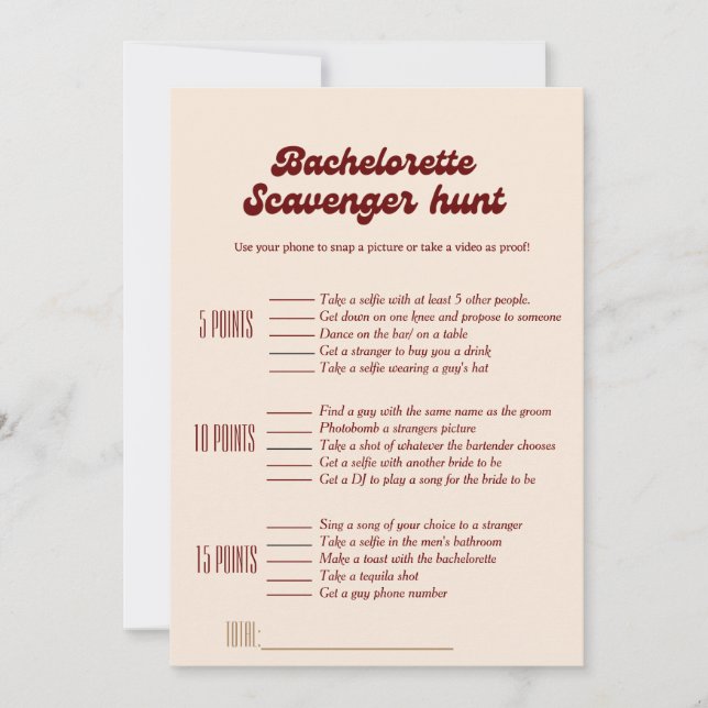 Bachelorette-Scavenger-Jagdspiel, Bachelorettenspi Einladung (Vorderseite)
