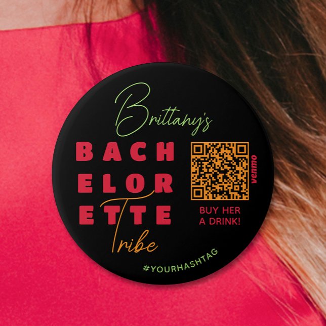 Bachelorette Stamm QR Code Hashtag Button (Personalized Buy the Bride a Drink Button for her Bachelorette Party)