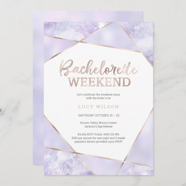 Bachelorette violet et or Invitation du week-end (Devant / Derrière)