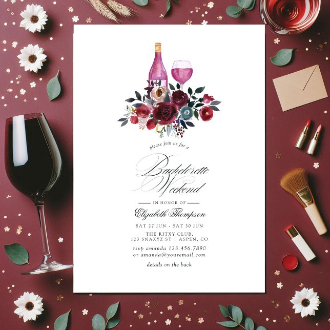 Bachelorette Weekend, Burgund, Seefeld Einladung (Burgundy and Navy Floral Wine Bachelorette Weekend Invitation)