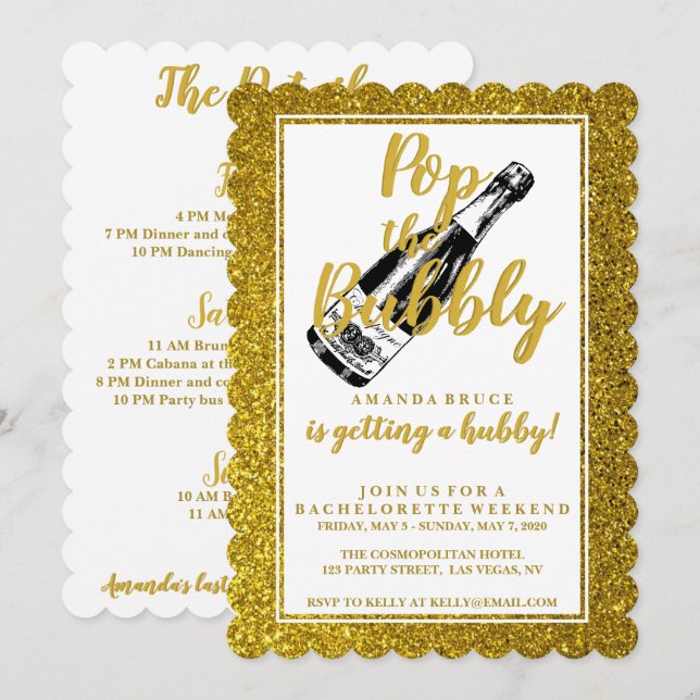 Bachelorette Weekend Itineraler Gold Glitzer Einladung (Vorne/Hinten)