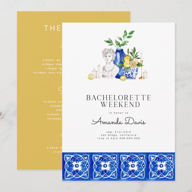 Bachelorette Weekend Lemon Mediterranean Tiles Einladung (Vorne/Hinten)