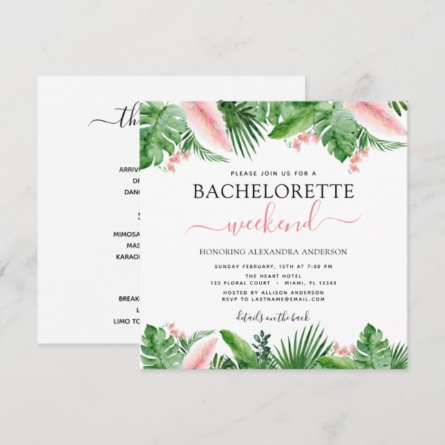 Bachelorette Weekend Party Tropische Palmen Einladung (Vorne/Hinten)