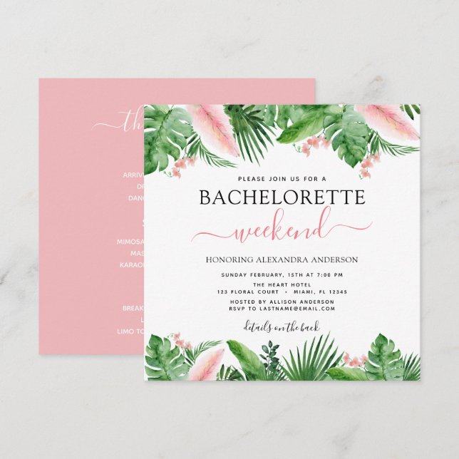 Bachelorette Weekend Party Tropische Palmen Einladung (Vorne/Hinten)