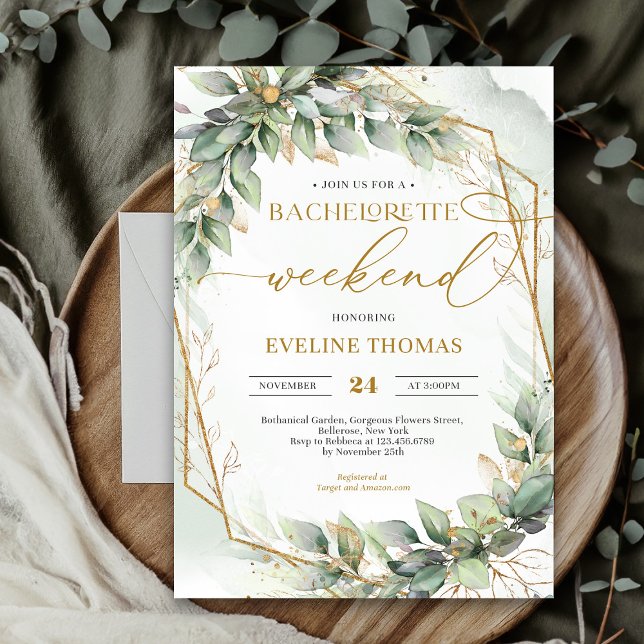 Bachelorette Wochenende Einladung (Modern botanical greenery leaf gold frame bachelorette weekend invitation)
