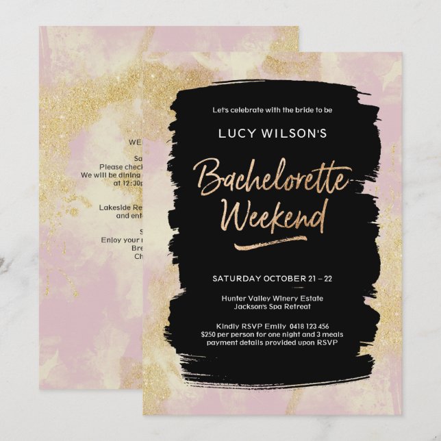 Bachelorette Wochenende Einladung Pink Gold Glitze (Vorne/Hinten)
