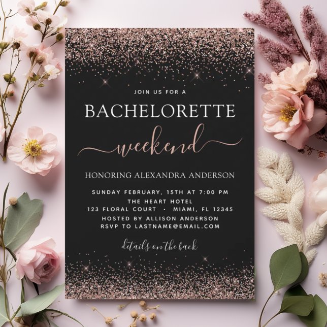 Bachelorette Wochenende Rosa Rose Gold Glitzer Par Einladung (Von Creator hochgeladen)