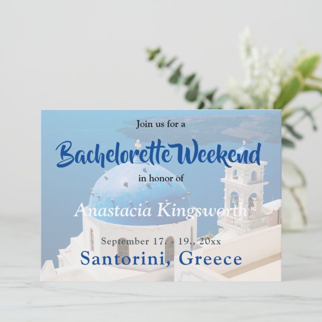 Bachelorette Wochenende Santorini Girls Tour Einladung (Stehend Vorderseite)
