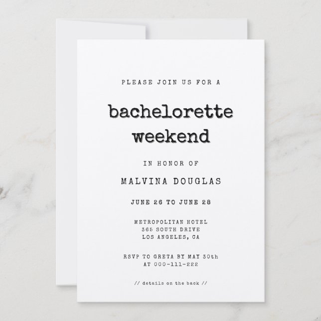 Bachelorette-Wochenende, Vintag-minimalistisch Einladung (Vorderseite)