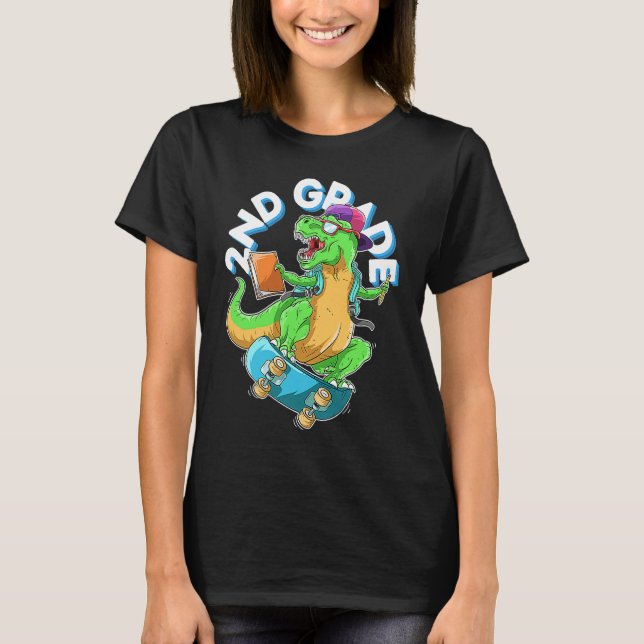 Back to School 2nd grade Dinosaur Riding Skateboar T-Shirt (Vorderseite)