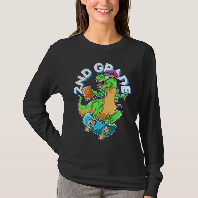 Back to School 2nd grade Dinosaur Riding Skateboar T-Shirt (Vorderseite)