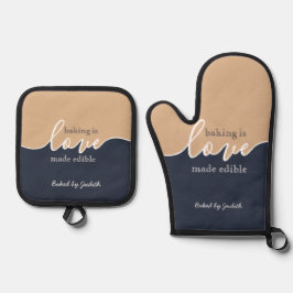 Backen ist Liebe essbar NAVY & TAN Script Ofenhandschuh & Topflappen-Set