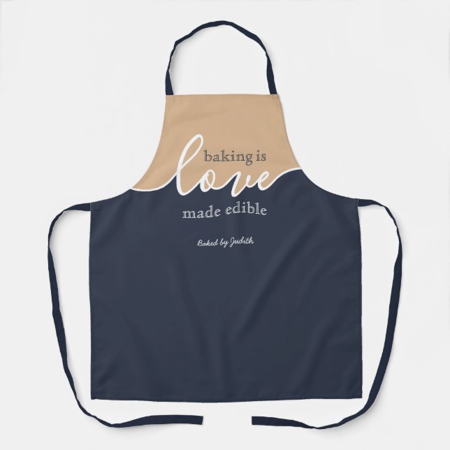 Backen ist Liebe essbar NAVY & TAN Script Schürze (Vorderseite)