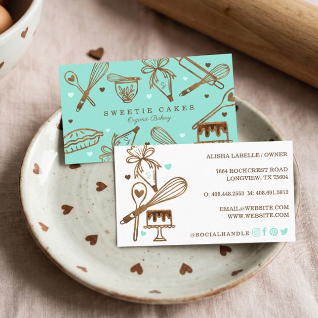 Backen & Kochen Utensidholz Textur & Blau Visitenkarte (Von Creator hochgeladen)