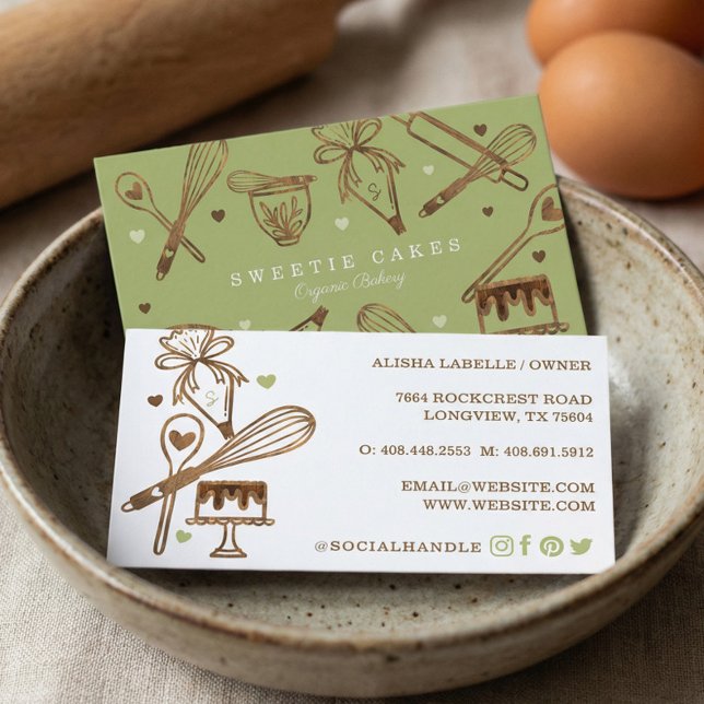 Backen & Kochen Utensidholz Textur & Grün Visitenkarte (Baking & Cooking Utensil Woodgrain Texture & Green Business Card)