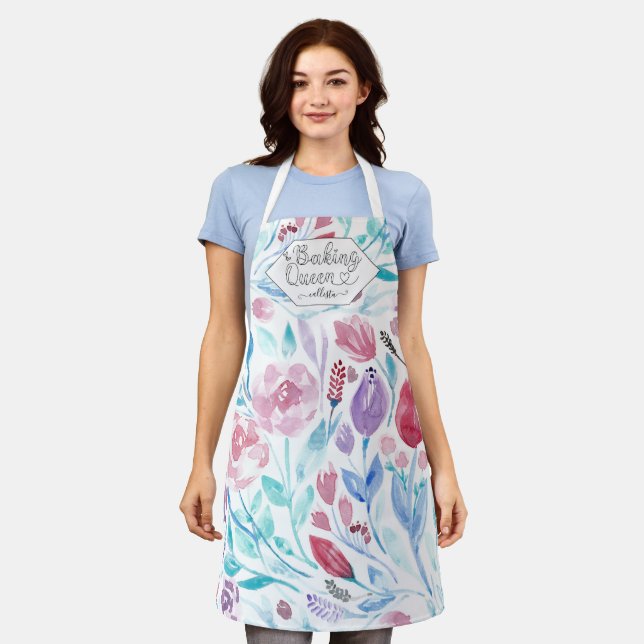 Backen Queen Pink Blue Spring Wasserfarbe Blume Schürze (Getragen)