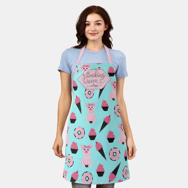 Backen Queen Pink Mint Piggy Donut Ice Creme Name Schürze (Getragen)
