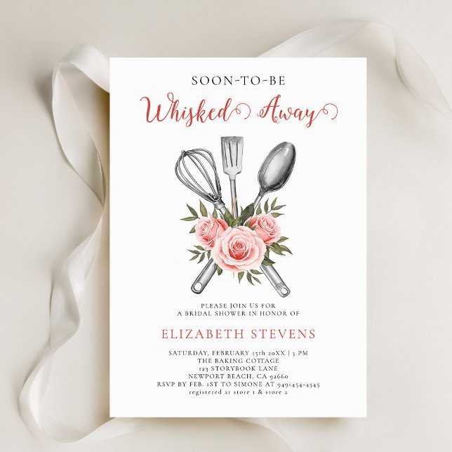 Backen Rose Brautparty Einladung (whisked away kitchen baking cooking bridal shower invitation tools bouquet roses watercolor pink)