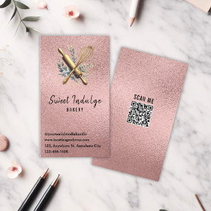 Backen Utensil QR Code Rose Gold Glitzer Bäckerei Visitenkarte