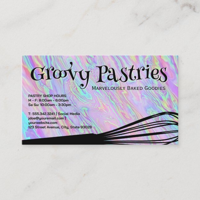 Bäcker Whisk | Iridescent Holographic Background Visitenkarte (Vorderseite)