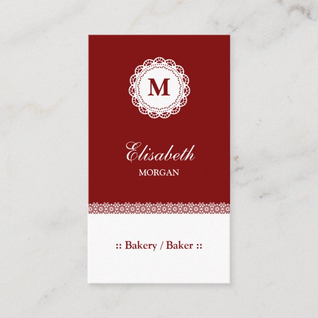 Bäckerei / Baker Red White Lace Monogram Visitenkarte (Vorderseite)