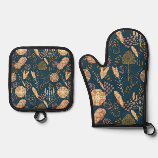 Bäckerei Bliss: Artistisches Brot und Gerste, Aqua Ofenhandschuh & Topflappen-Set (Vorderseite)