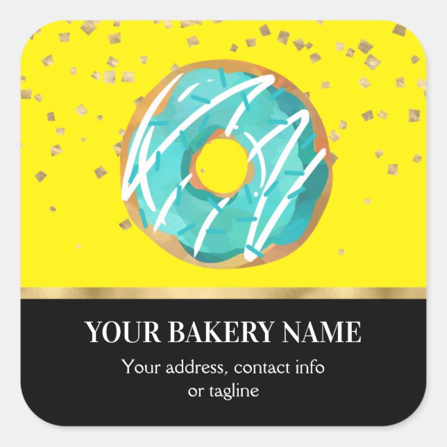 Bäckerei Business Donut Blue Yellow Confetti Quadratischer Aufkleber (Vorderseite)