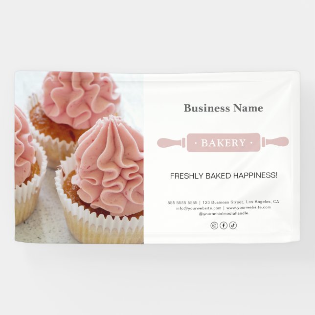 Bäckerei Button Foto Weiß und Rosa Geschäft Banner (Horizontal)