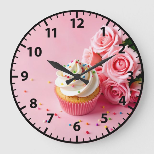 Bäckerei Cupcake Pink Roses Backwaren Feinschmecke Große Wanduhr (Vorderseite)