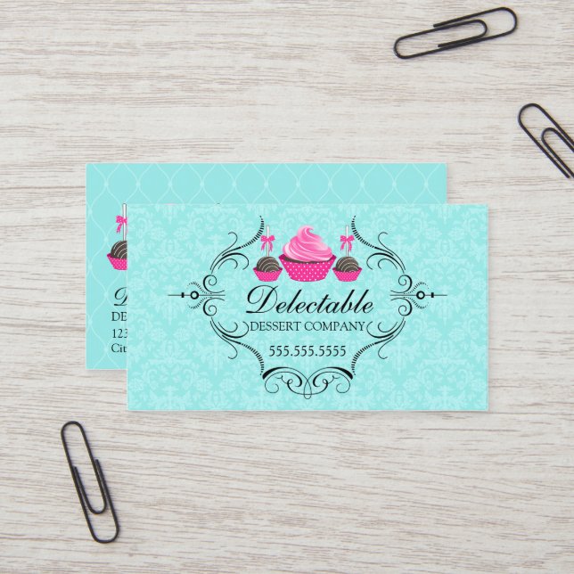 Bäckerei-Damast-Aqua-Rosa Visitenkarte (Vorderseite/Rückseite Beispiel)