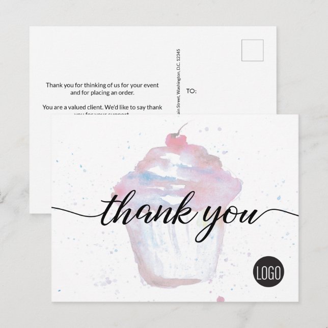 Bäckerei Firmenlogo Aquarell Cupcake Niedlich Postkarte (Vorne/Hinten)