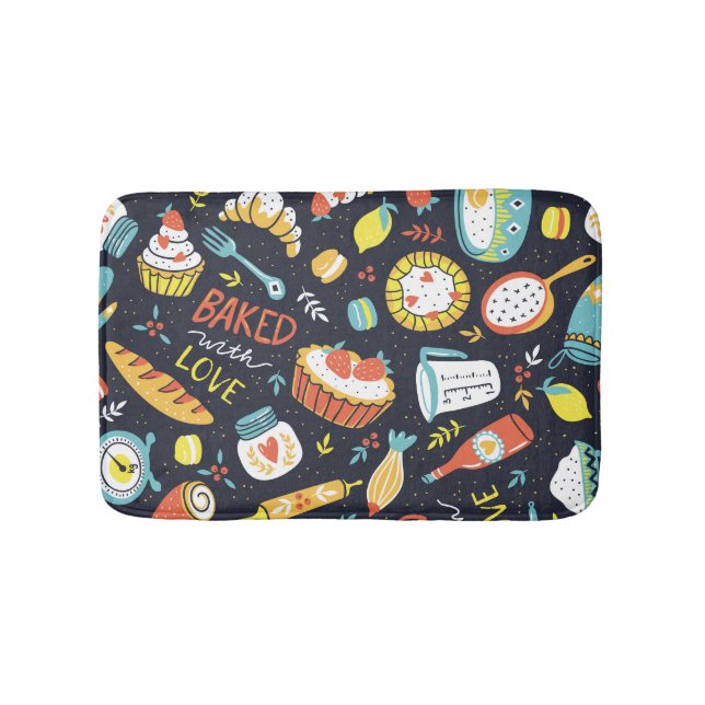 Bäckerei im Retro-Stil, Dots, Blumenelemente. Badematte (Vorderseite)