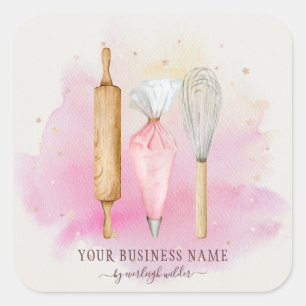 Bäckerei Konditorei Koch Bäcker Utensitis Rosa Quadratischer Aufkleber