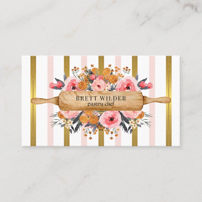Bäckerei Konditorei Koch Blumenrosa Streifen Visitenkarte (Vorderseite)
